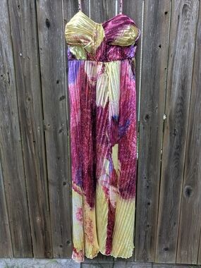 Strapless Floral Maxi Dress in Pink and Yellow - Size Medium